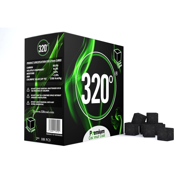 320° 2 kg Premium Shisha Hookah Coconut Charcoal Coal (27mm Cubes) for BBQ - 104 Cubes - NICOTINE FREE! - Image 2