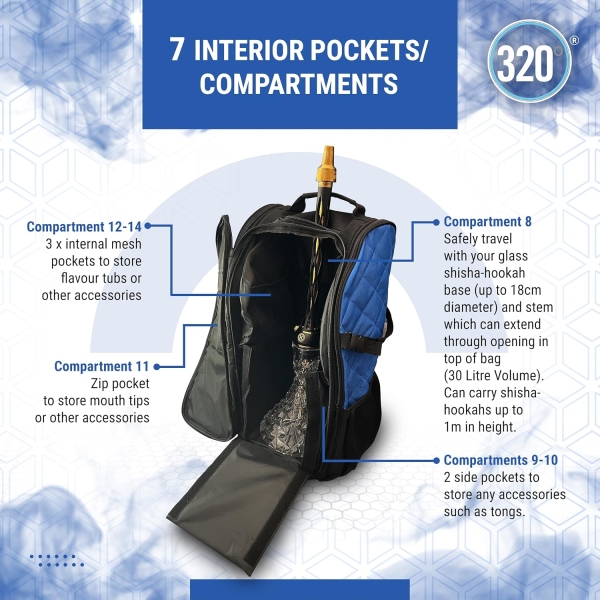 320º Shisha Hookah Large Storage Travel Bag Carry Case Backpack - 14 Compartments - Image 3