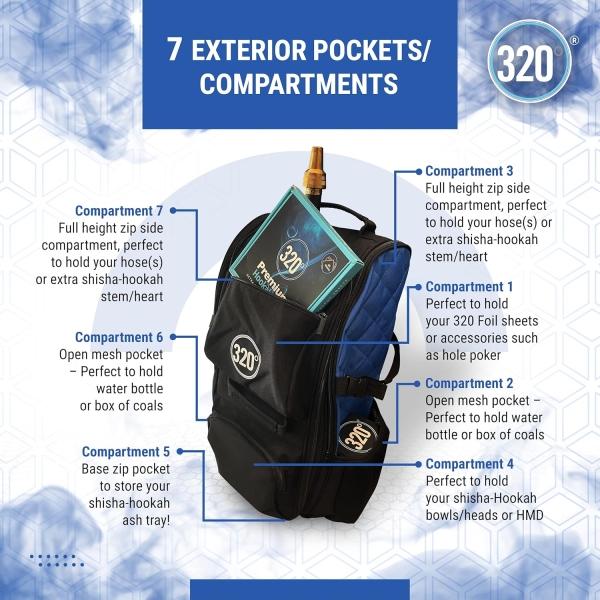 320º Shisha Hookah Large Storage Travel Bag Carry Case Backpack - 14 Compartments - Image 7