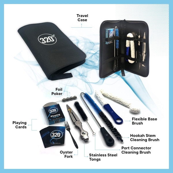 320º Hookah Cleaning Kit – Portable Shisha Travel Accessories Set with Brushes, Tongs, Poker, Fork, and Playing Cards – Ideal Hookah Cleaner & Travel Case - Image 3