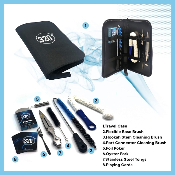320º Hookah Cleaning Kit – Portable Shisha Travel Accessories Set with Brushes, Tongs, Poker, Fork, and Playing Cards – Ideal Hookah Cleaner & Travel Case - Image 2