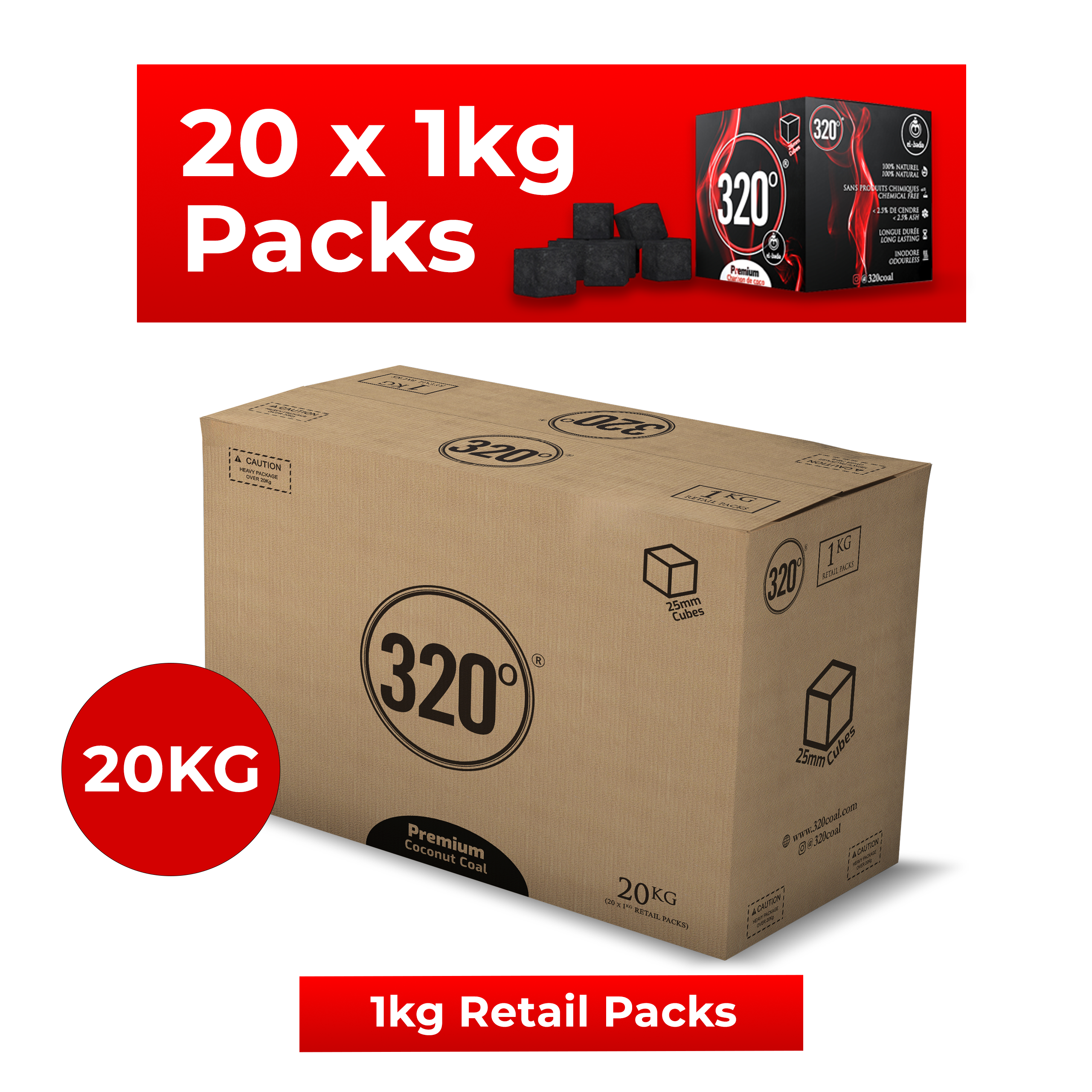 320° 20kg Premium Shisha Hookah Coconut Coal (26mm Cubes) for BBQ - 20 x 1kg Boxes