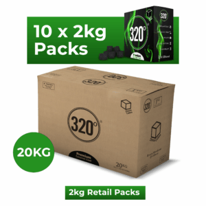 320° 20 kg Shisha Hookah Coconut Charcoal Coal (27mm Cubes) for BBQ - 10 x 2kg Packs