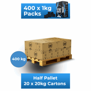 320° 400 kg Coconut Shisha Charcoal Coal (25mm Cubes) for Hookah BBQ – Half Pallet – 20 x 20kg Cartons