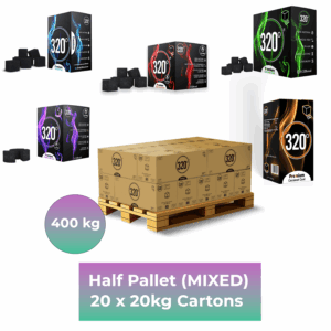 320° 400 KG Coconut Shisha Charcoal Coal MIXED PALLET - Half Pallet - 20 x 20kg Cartons